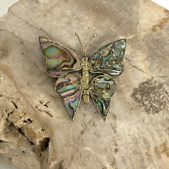 Alpaca Silver Mexico 1.5" Abalone Shell Glitter Butterfly Brooch - Picture 7 of 15
